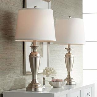 Regency Hill Blair Modern Contemporary Table Lamps Set Of 2 Brushed Nickel  Metal Bright White Drum Shade Decor For Living Room Bedroom House