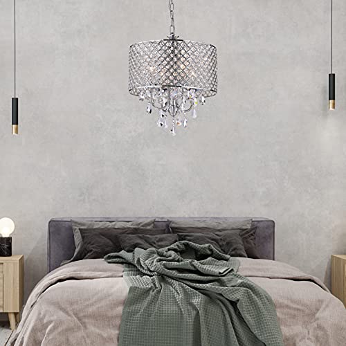 Edvivi Marya Drum Crystal Chandelier, 4 Lights Glam Lighting Fixture With Chrome Finish, Adjustable Ceiling Light With Round Cry