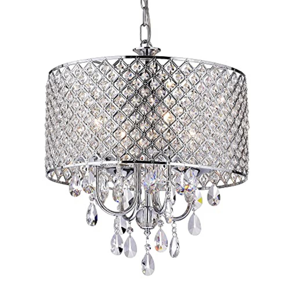 Edvivi Marya Drum Crystal Chandelier, 4 Lights Glam Lighting Fixture With Chrome Finish, Adjustable Ceiling Light With Round Cry