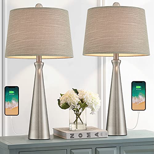 Oneach Modern Usb Table Lamp Set Of 2 For Living Room Bedroom Bedside Nightstand Lamps Fabric Shade 25.8" Accent Light Silver