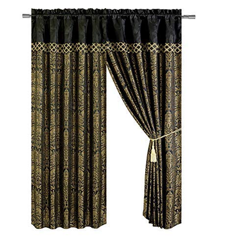 Chezmoi Collection Lisbon 4-Piece Jacquard Floral Window Curtain Set, Sheer Backing, Tassels, Valance, Black/Gold