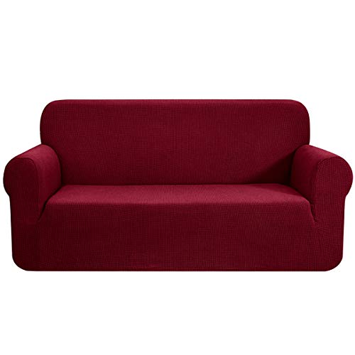 CHUN YI Stretch Sofa Slipcover 1 Piece Couch Cover, 3 Seater Coat Soft with Elastic, Checks Spandex Jacquard Fabric, Large, Wine