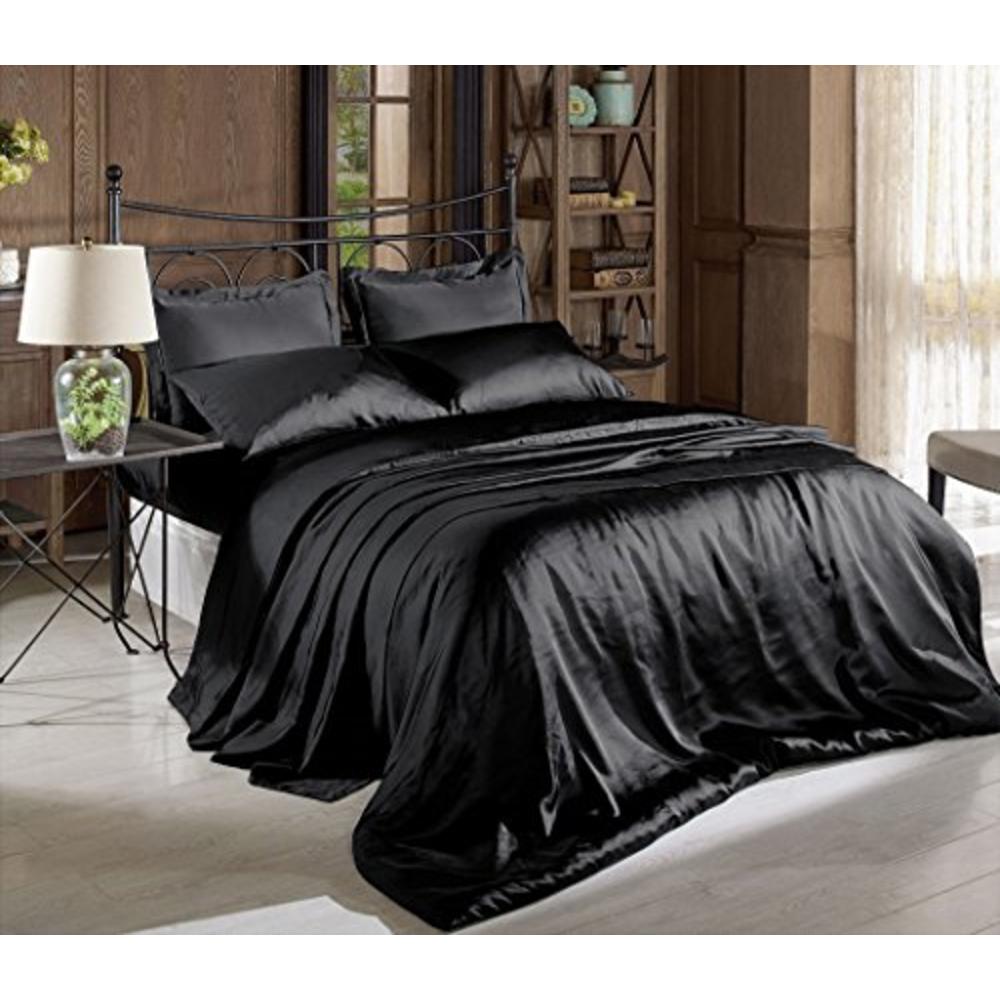 Comfy Deal Hight Thread Count Solid Color Soft Silky Charmeuse Satin Luxury and Super Soft Bed Sheet Set (Black, California King)