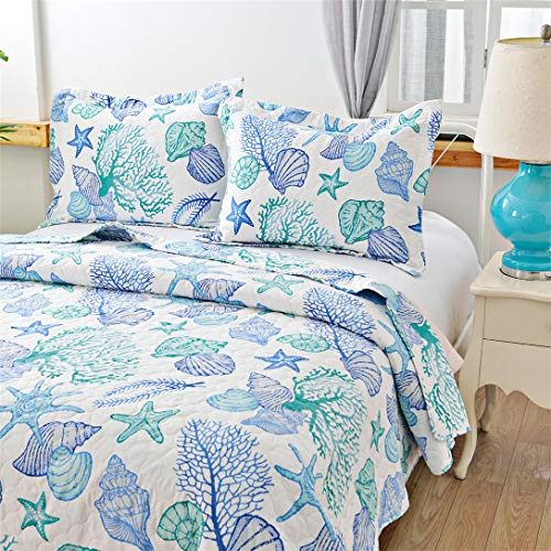 Junsey 3 Piece Quilts King Size Ocean Theme Lightweight Coastal Beach Bedding Seas Conch Starfish Bedspread Coverlet With 2 Pillows Starfish Bedspread Coverlet, Sears King Size Bedspreads