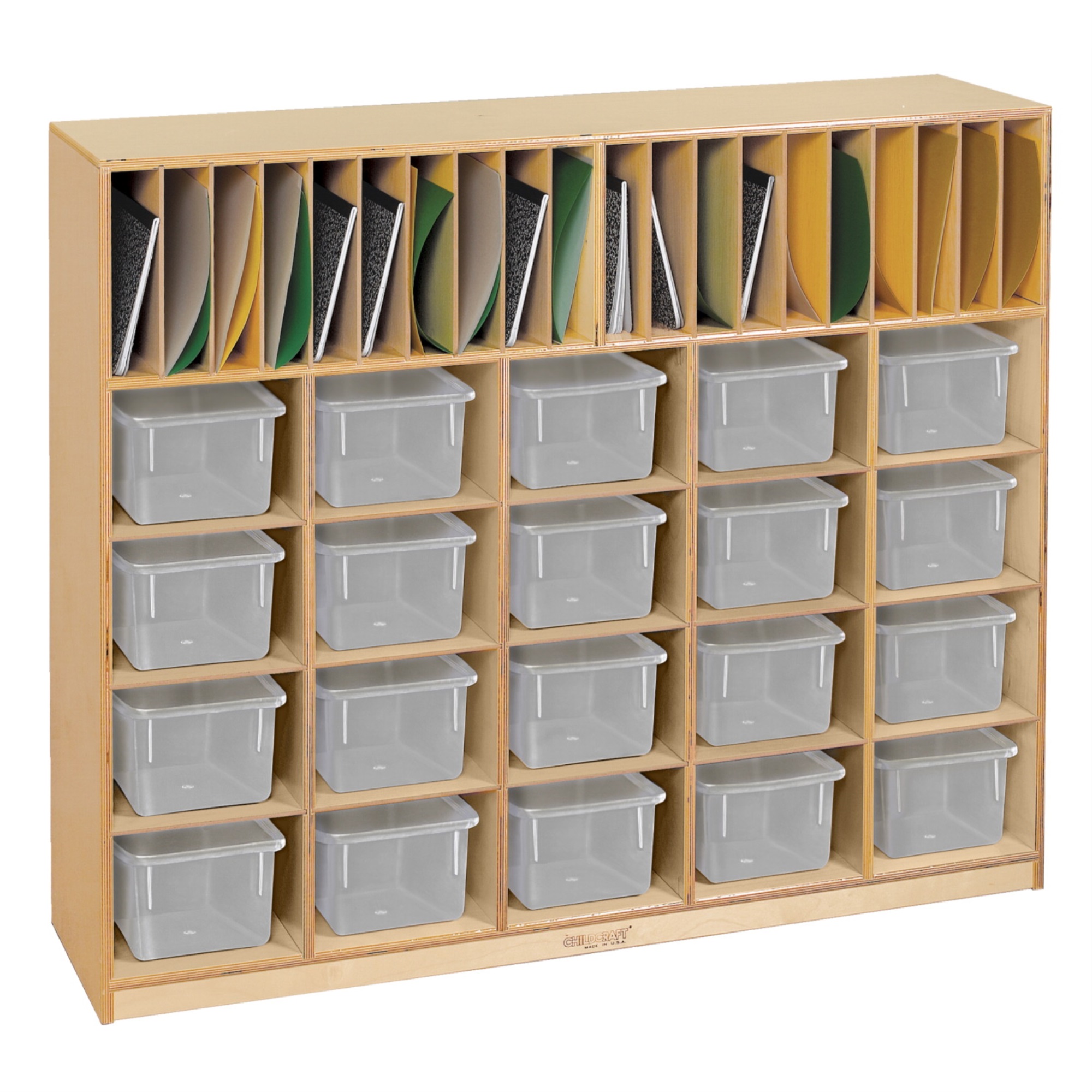 Childcraft Folder and Tray Cubby Unit, 20 Clear Trays, 47-3/4 x 13 x 42 Inches