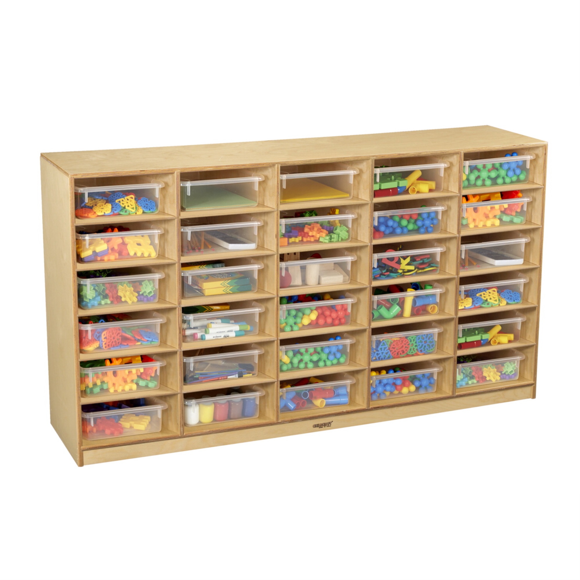 Childcraft Mobile Cubby Unit, 30 Clear Storage Trays, 58-3/8 x 14-1/4 x 30 Inches