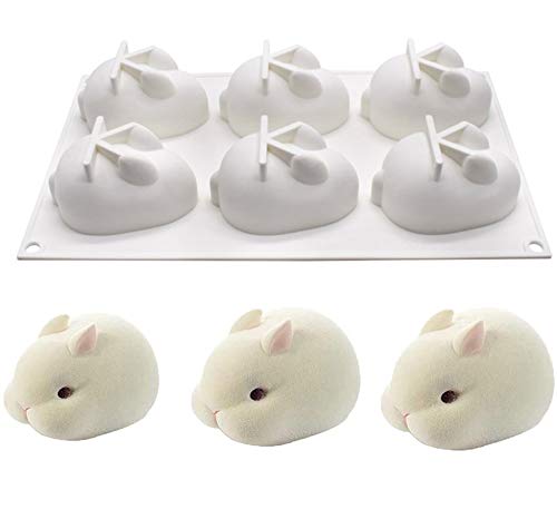 OCPO Kitchen 3D Easter Bunny Chocolate Silicone Mold for Baking Rabbit Shape French Dessert Fondant Mousse Cake Animal Mold (6 Cavity)
