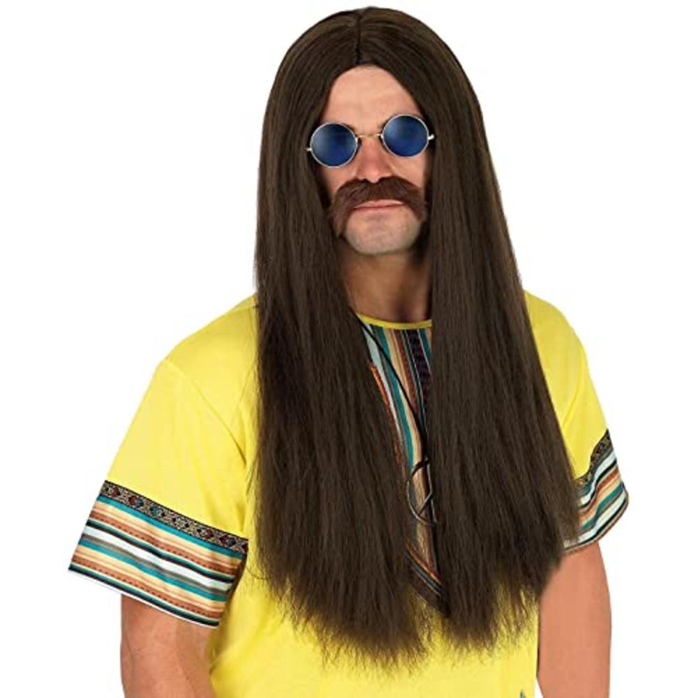 fun shack Mens Brown Hippie Wig Adults Long Straight Hair With Glasses  Costume Accessories