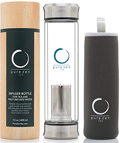 Pure Zen Tea Tumbler with Infuser - BPA Free Double Wall Glass Travel Tea Mug with Stainless Steel Filter - Leakproof Tea Bottle