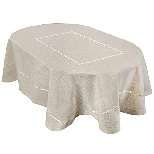 Grelucgo Handmade Double Hemstitch Natural Tablecloth, Oval 60 by 84 Inch