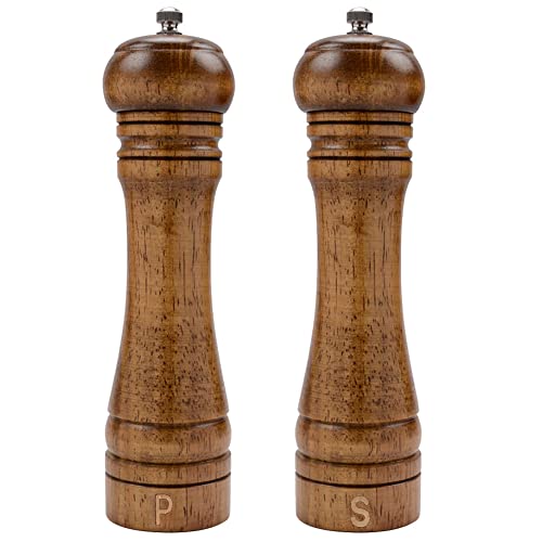 XQXQ Wood Salt and Pepper Mill Set, Pepper Grinders, Salt Shakers with  Adjustable Ceramic Rotor- 8 inches -Pack of 2