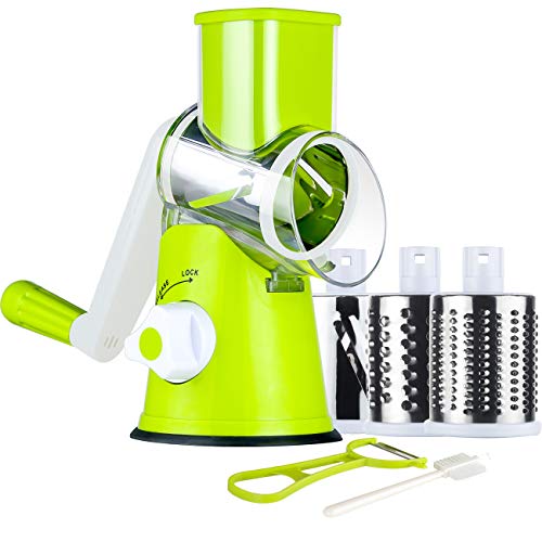 Ourokhome Manual Cheese Rotary Grater - Round Mandoline Slicer Shredder with 3 Inner Adjustable Blades (Green)