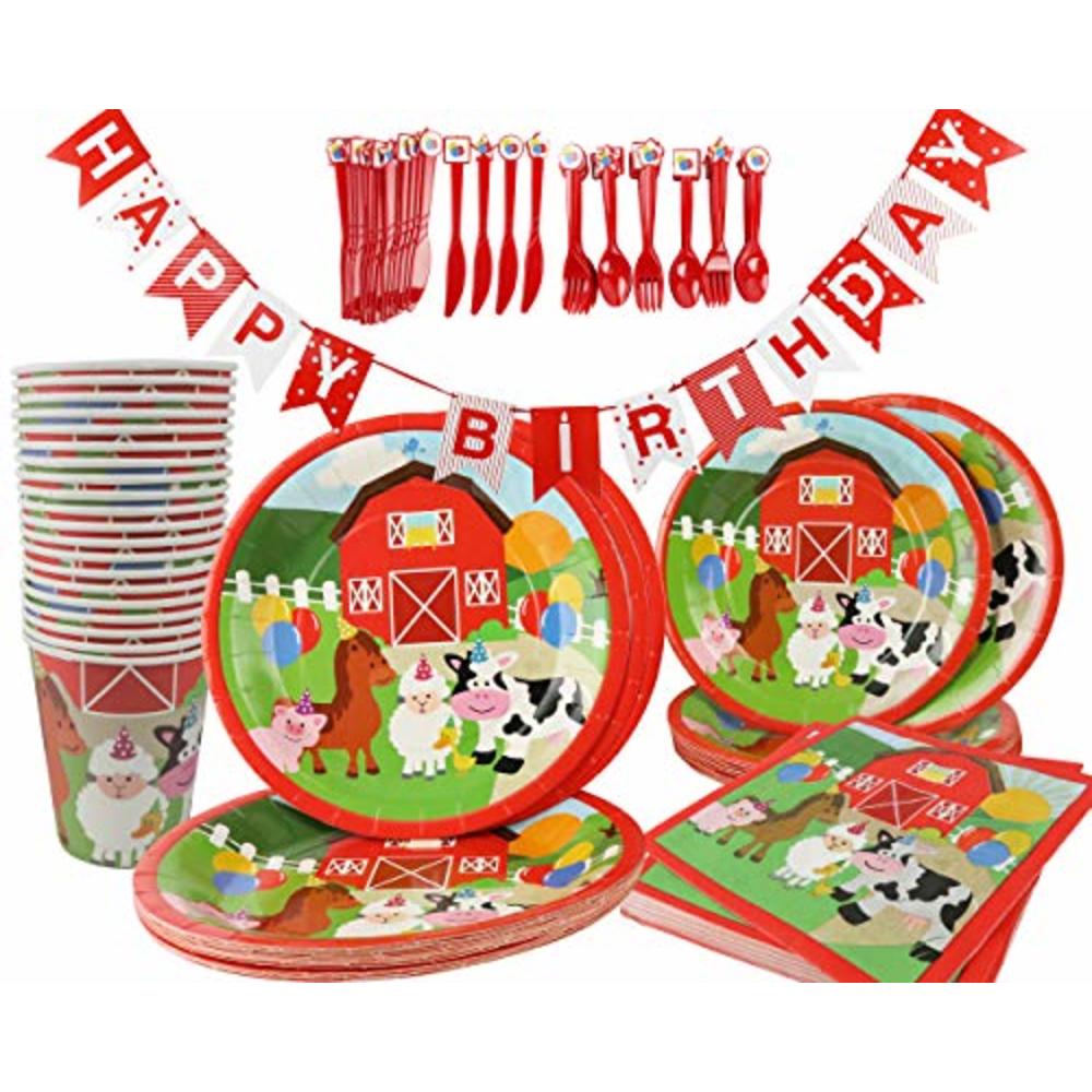Cup & Branch Barnyard Farm Animals Birthday Party Supplies 142 Piece Kit, Paper  plates, Paper Cups, Napkins, Cutlery, Table Cover and Birthda