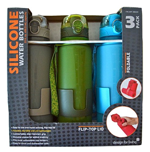 Design for Living Silicone Foldable Water Bottle with Flip-Top Lid and Strap - 22 Ounce - Gray Green & Blue 3-Pack