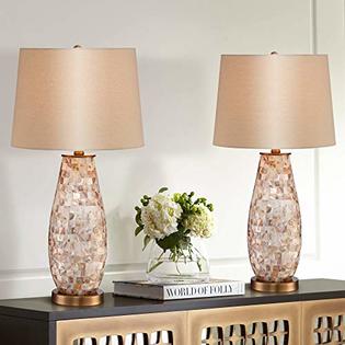 Regency Hill Kylie Country Cottage Coastal Table Lamps Set Of 2 Mother Pearl Tile Vase Beige Fabric Drum Shade Decor For Living Room Bedro Regency Hill Kylie Country Cottage, Mother Of Pearl Table Lamp Shade