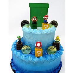 Nintendo Super Mario Brothers Game Scene Birthay Cake Topper Featuring 2" Figures of Mario, Luigi, Mushroom, Goomba, Koopa Troopa and Dec