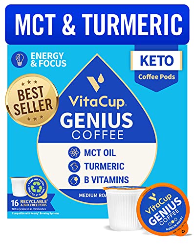 VitaCup Genius Keto Coffee Pods, Increases Energy & Focus Infused with MCT Oil, Turmeric, & B Vitamins in Recyclable Single Serv