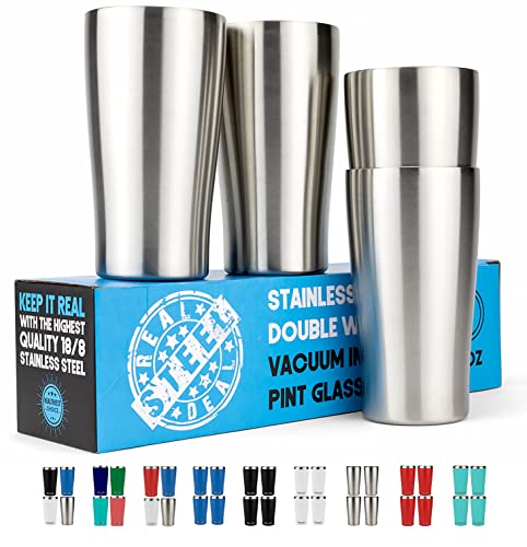 Real Deal Steel Stainless Steel Insulated Beer Tumblers - 4 Pack - Double  Wall Vacuum Pint Glasses - Premium Metal Cups to Keep Drinks Cold (or