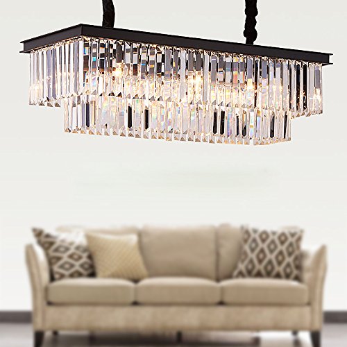 Meelighting L39.4" W10.2" Rectangle Modern Crystal Chandeliers Lighting Pendant Ceiling Lights Fixture Lamp For Dining Living Ro