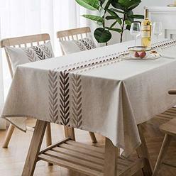 Amzali Elegant Embroidery Leaf Pattern Spill-Proof Water Resistance Table Cloth Wrinkle Free Heavy Weight Cotton Linen Tableclot