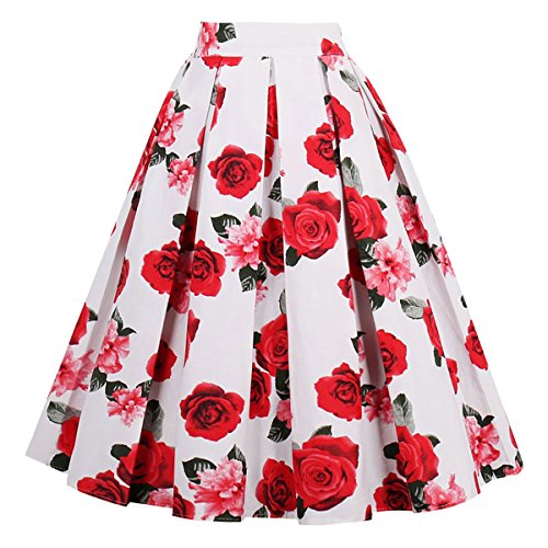 Girstunm Womens Pleated Vintage Skirt Floral Print A-line Midi Skirts with  Pockets White-Rose XL