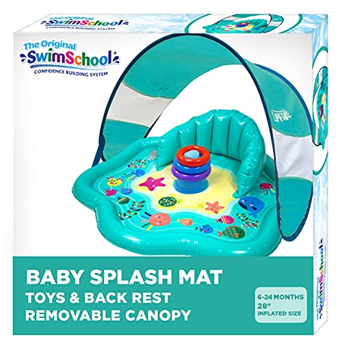 SwimSchool Baby Splash Play Mat Seat, Inflatable Pool for Babies & Infants with Backrest and Canopy, Includes Three Stackable Ri