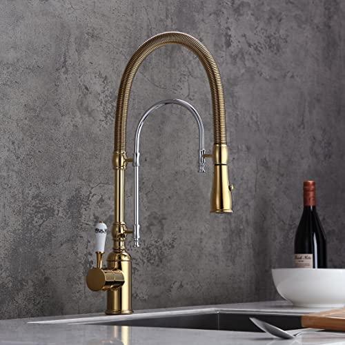 KunMai Single Handle High Arc Swiveling Dual-Mode Pull-Down Sprayer Kitchen  Sink Faucet with Porcelain Handle in Gold&Chrome,Lea