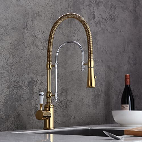 KunMai Single Handle High Arc Swiveling Dual-Mode Pull-Down Sprayer Kitchen Sink Faucet with Porcelain Handle in Gold&Chrome,Lea