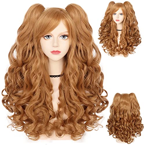 Anogol Hair+Cap Blonde Wig Lolita Cosplay Wigs with Two Ponytails Long Curly Wig