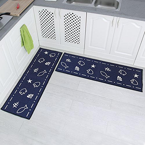 Carvapet 2 Pieces Non-Slip Kitchen Mat Set Rubber Backing Doormat Runner Rug Set, Fish Shell Design (Navy 15"x47"+15"x47")