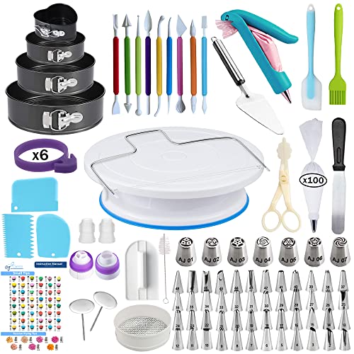 AJ GEAR 23pcs Cake Complete Decorating Supplies & Baking Supplies-Baking Kit with 2 Piping 55 Tips-Frosting Bags and Turntable,