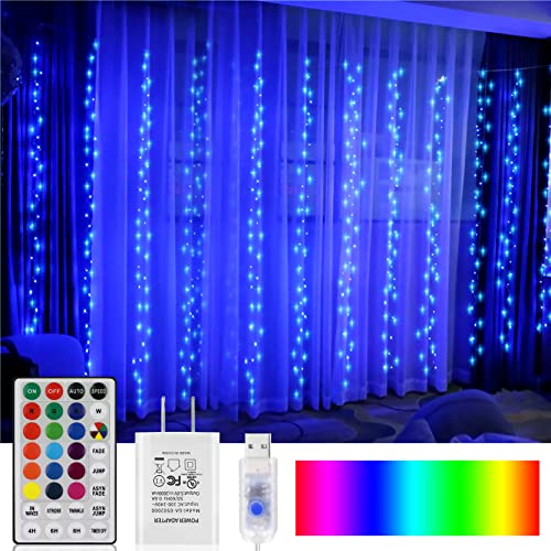 OPOLEMIN 16 Colors Changing Curtain Lights with Power Adapter & Remote, 300 LED Curtain String Lights Energy-Saving Waterproof 8 Modes, R
