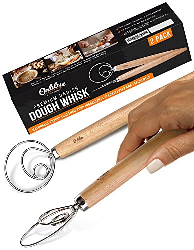 ORBLUE Premium Danish Dough Whisk - 2 Pack LARGE 13.5" Dutch Whisk with Stainless Steel Ring - Danish Whisk for Bread, Pastry or