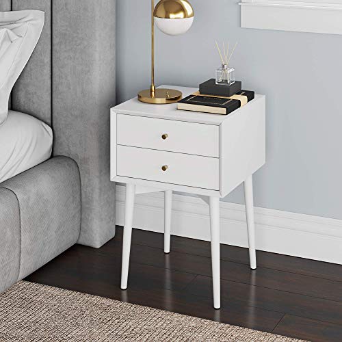 Nathan James Harper Mid-Century Side, 2-Drawer Nightstand, Accent or End Table with Storage, Wood, White