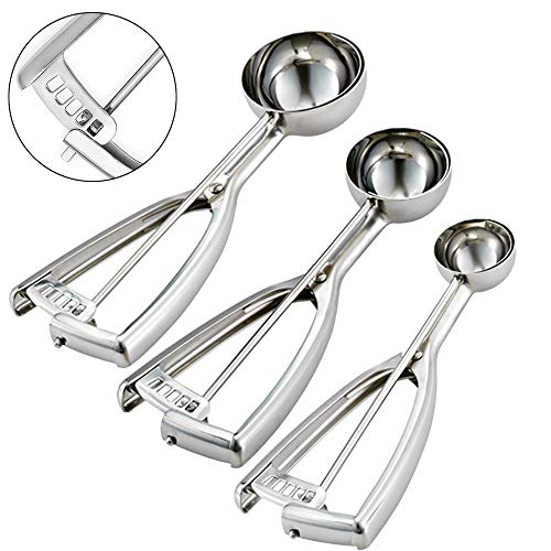 Cookie Scoop Set, Ice Cream Scoop Set, 3 Pcs Metal Ice Cream Scoop Trigger Include Large-Medium-Small size, Select 18/8 Stainless Steel, Secondary