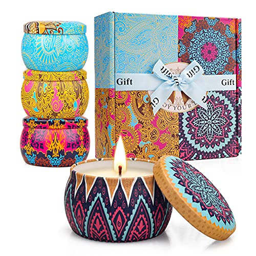 XVDZS 4 Pack Scented Candles Gifts Set for Women, 4.4 oz Soy Wax Portable Travel & Home Tin Jar Candles with Essential Oils for Bath,