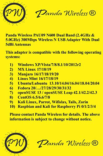 Panda Wireless Pau09 N600 Dual Band (2.4Ghz And 5Ghz) Wireless N Usb Adapter W/Dual 5Dbi Antennas - Windows Xp/Vista/7/8/8.1/10,