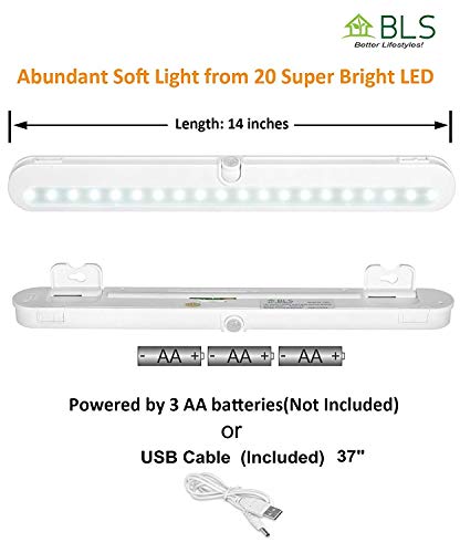 BLS T01L Led Closet Light - Bls Super Bright 20 Led Under Cabinet Lighting Battery Powered/Dc Input Wireless Motion Sensing Light, A