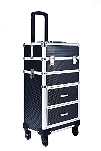 Train Case Rolling Train Case With Drawers Makeup Rolling Train Case Cosmetic Organizer Makeup Traveling Case Makeup Trolley (Black)