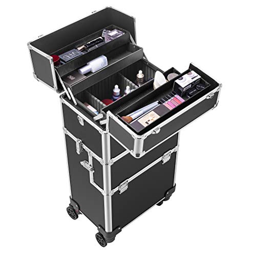 Vivohome 3 In 1 Makeup Rolling Train Case Aluminum Trolley Professional Cosmetic Organizer Box With Shoulder Straps 2 Keys Black