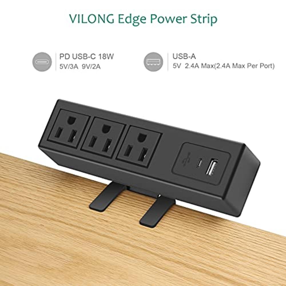 vilong Desk Power Strip Socket With Surge Protector, Power Outlet Station With 2 Usb Ports And 5.6 Ft Extension Cord, For Furniture Off