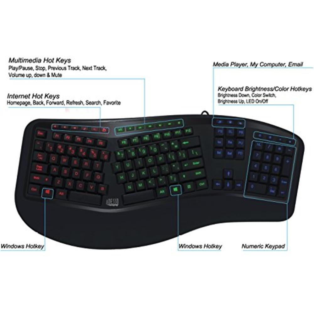 Adesso Tru-Form 150 3-Color Illuminated Ergonomic Keyboard Akb-150Eb