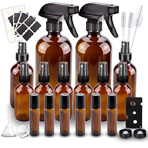 Wedama Glass Spray Bottle, Wedama 10 Amber Glass Spray Bottle Set (2 16Oz,2 4Oz,6 2Oz), 6 10 Ml Essential Oil Roller Bottles Kits With 