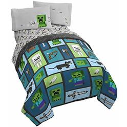Jay Franco & Sons Minecraft Chibi College 4 Piece Twin Bed Set - Includes Reversible Comforter & Sheet Set - Bedding Features Creeper & Ghost - Su