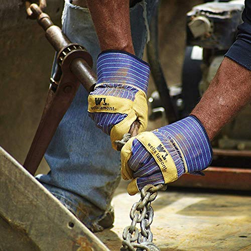 Wells Lamont Heavy Duty Work Gloves With Leather Palm, Large (Wells Lamont 3300L), Blue/Tan