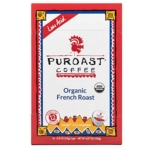 Puroast Low Acid Coffee Single-Serve Pods, Organic French Roast, High Antioxidant, Compatible with Keurig 2.0 Coffee Makers (12 