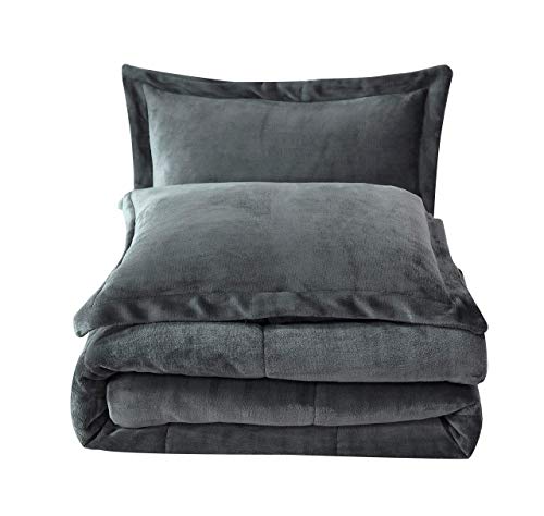 Chezmoi Collection 3-Piece Micromink Sherpa Reversible Down Alternative Comforter Set (Queen, Gray)