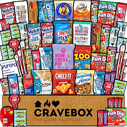 CraveBox Care Package (60 Count) Snacks Food Cookies Granola Bar Chips Candy Ultimate Variety Gift Box Pack Assortment Basket Bu