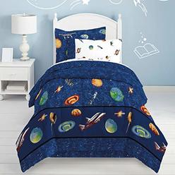 Dream Factory Kids 8-Piece Complete Set with Bedskirt Easy-Wash Super Soft Comforter Bedding, Full, Blue Outer Space Satellites