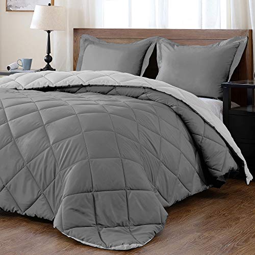 downluxe Lightweight Solid Comforter Set (Queen) with 2 Pillow Shams - 3-Piece Set - Charcol and Grey - Down Alternative Reversi